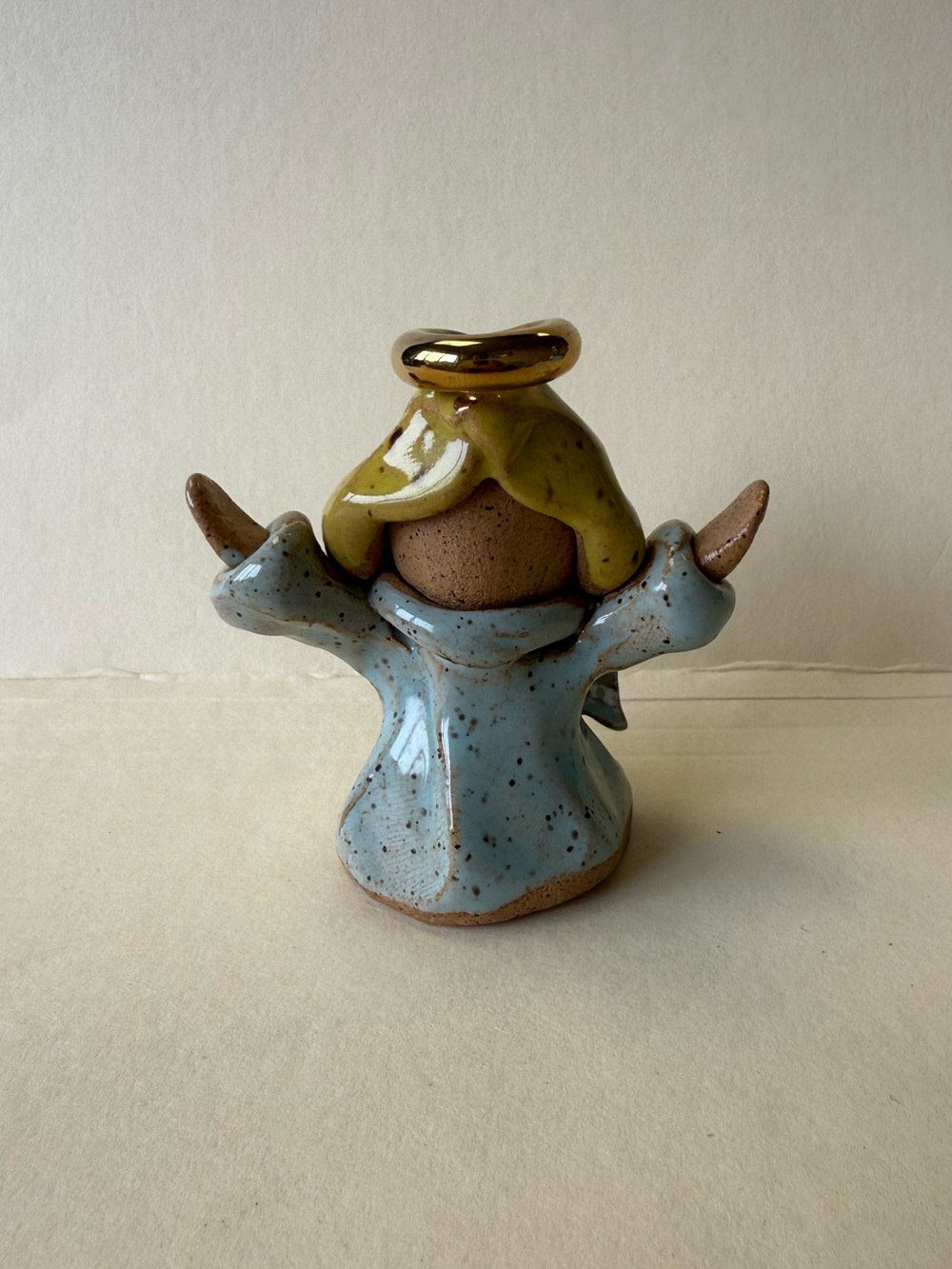 Vintage Handmade Folk Art BK Studio Pottery Ceramic Angel Figurine Blue & Gold